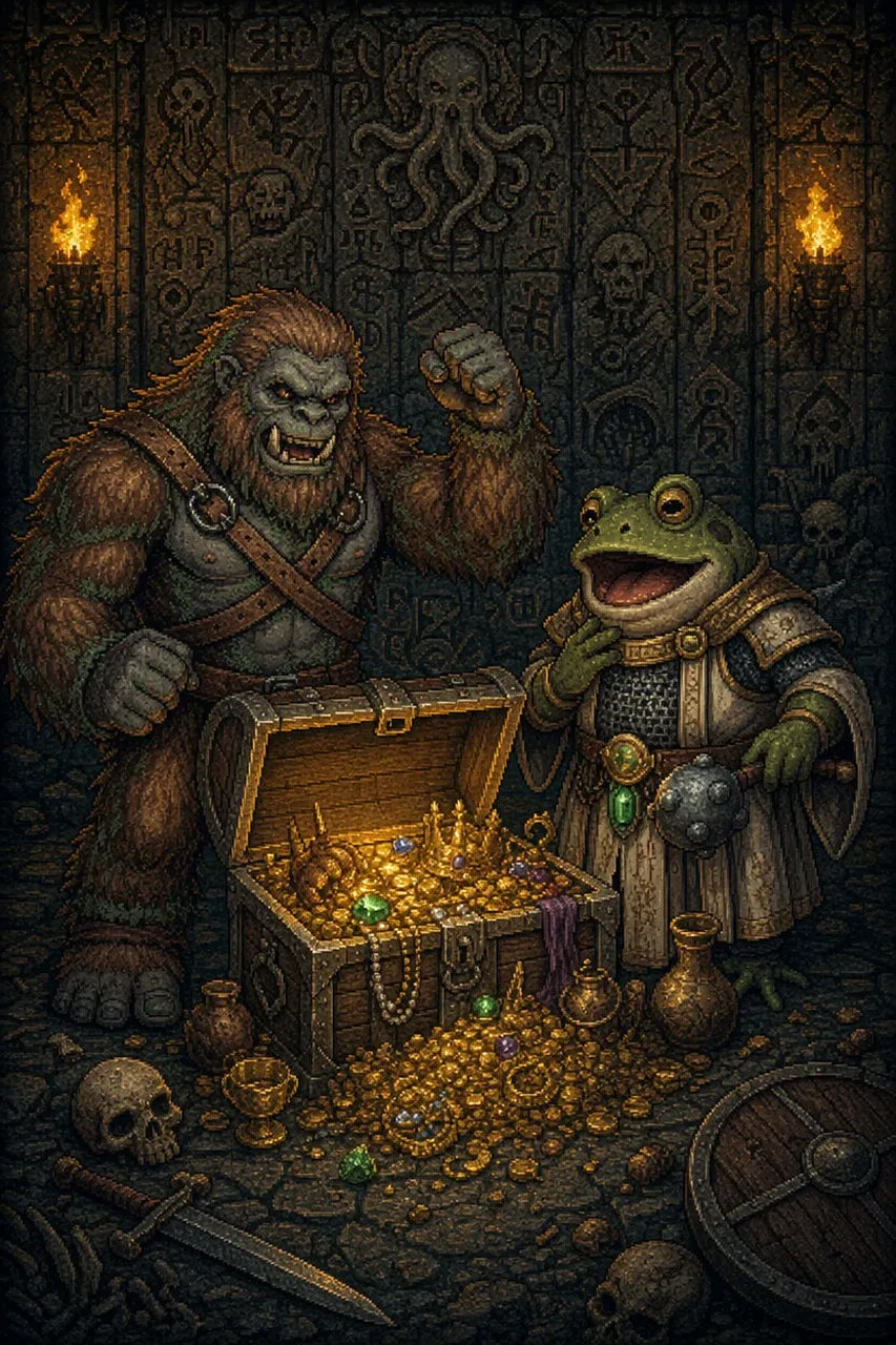 A bigfoot ally and a frog cleric discovering an open treasure chest deep in the dungeon