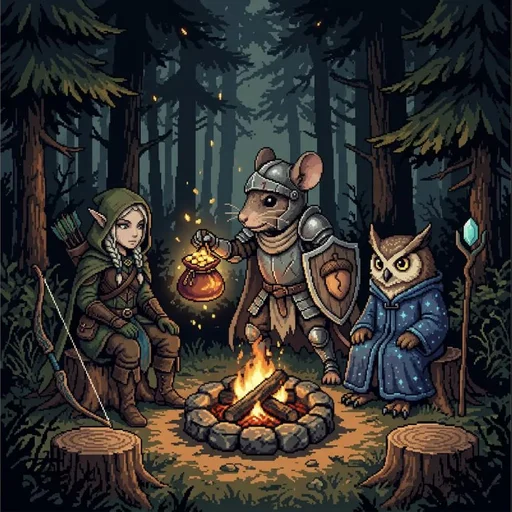 A party of heroes — an elven archer, a mouse knight, and an owl mage — gathered around a campfire