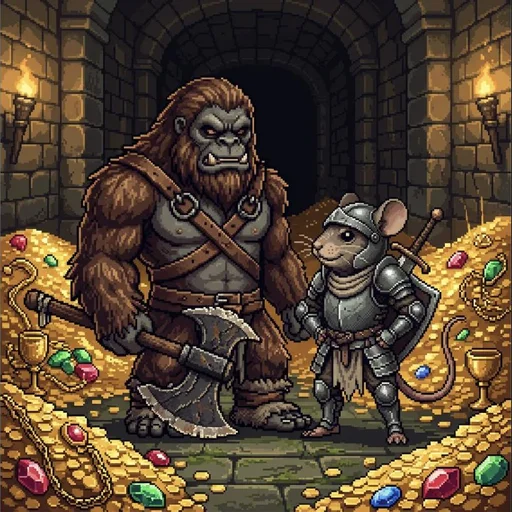A hulking bigfoot ally and a mouse knight standing amid a vault of gold and gems